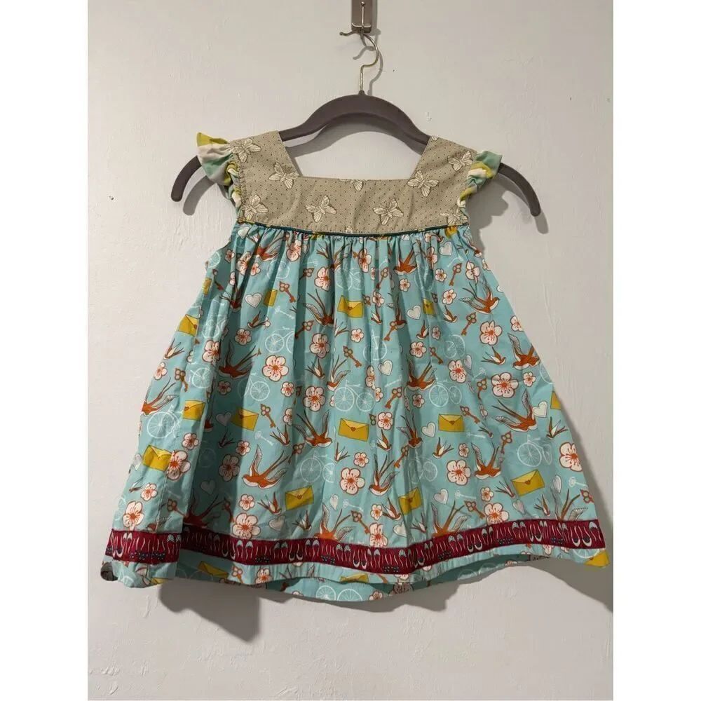 Matilda Jane Gabby blue orange birds letter key bicycle print sleeveless dress 8